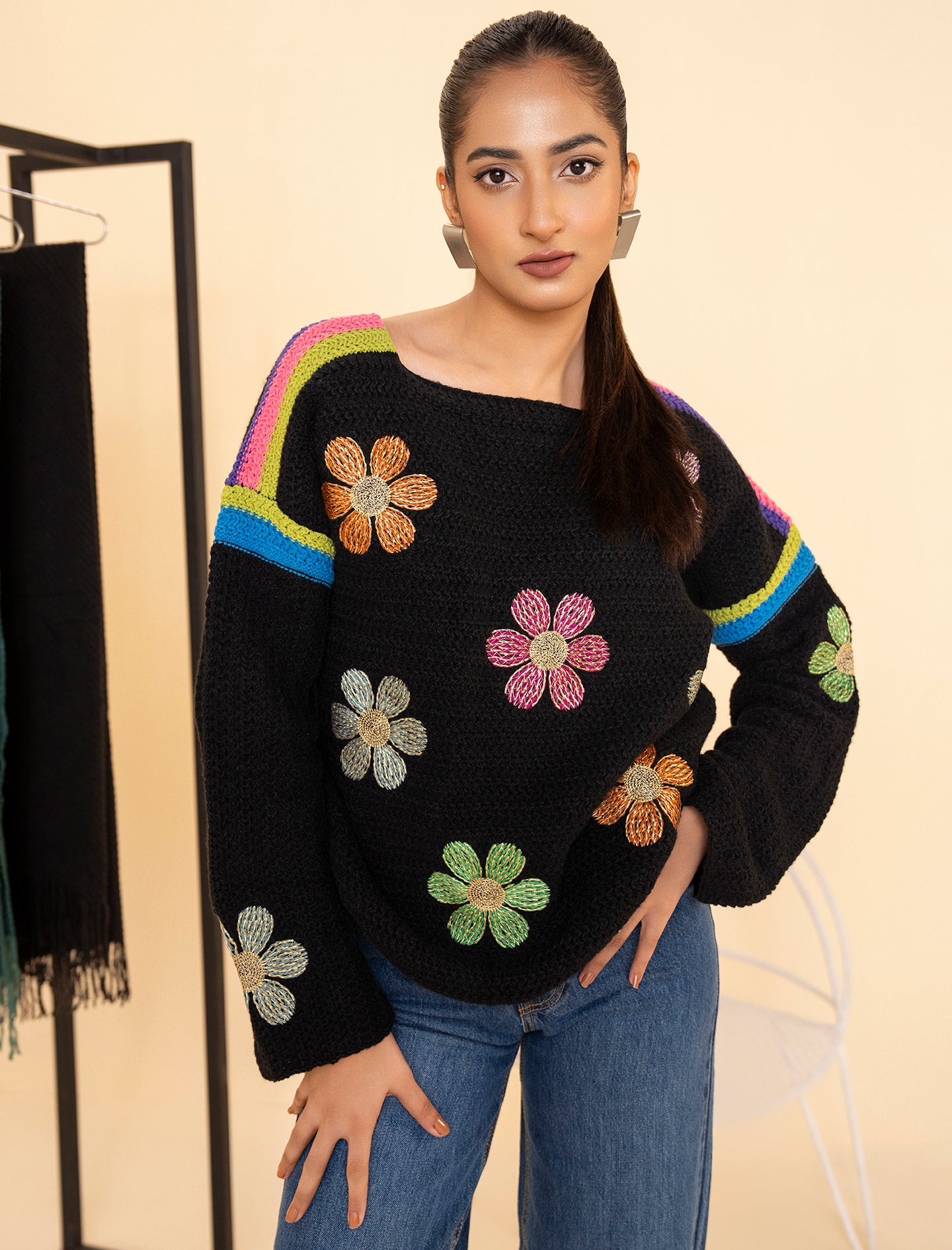 Black Flower Motif Sweater