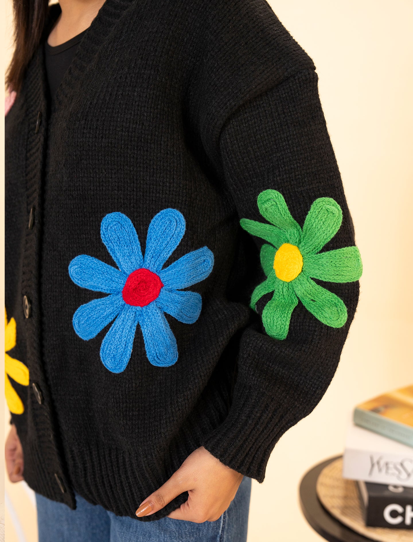 Black Crochet Flower Cardigan