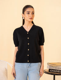 Black Half Sleeve Button Down Sweater